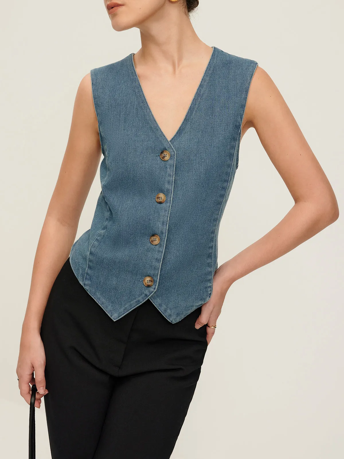 V-Neck Piping Button Denim Vest sold by COMMENSE