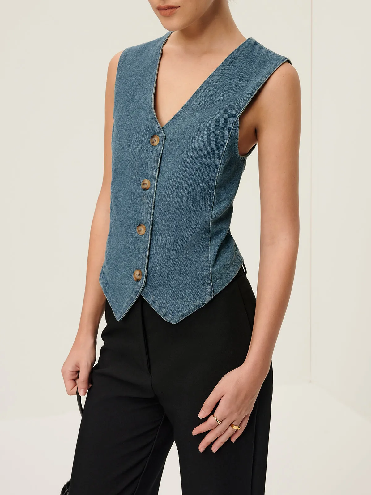 V-Neck Piping Button Denim Vest sold by COMMENSE product image thumbnail 3
