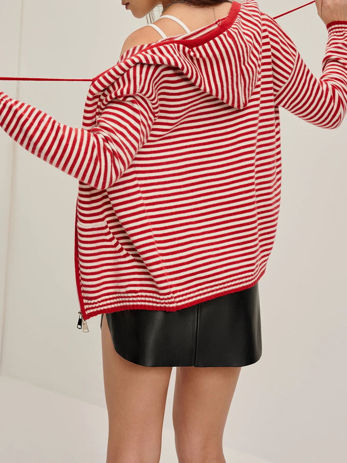 Double Zipper Striped Drawstring Knit Outerwear sold by COMMENSE product image thumbnail 4