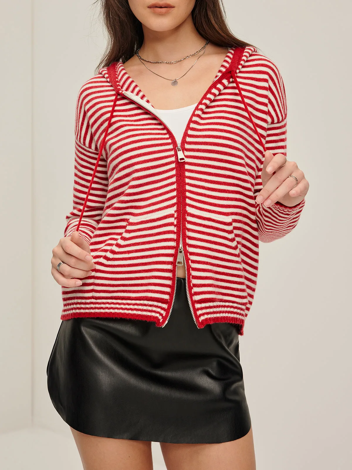 Double Zipper Striped Drawstring Knit Outerwear sold by COMMENSE product image thumbnail 5