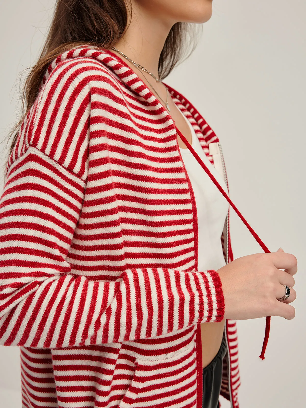 Double Zipper Striped Drawstring Knit Outerwear sold by COMMENSE product image thumbnail 2