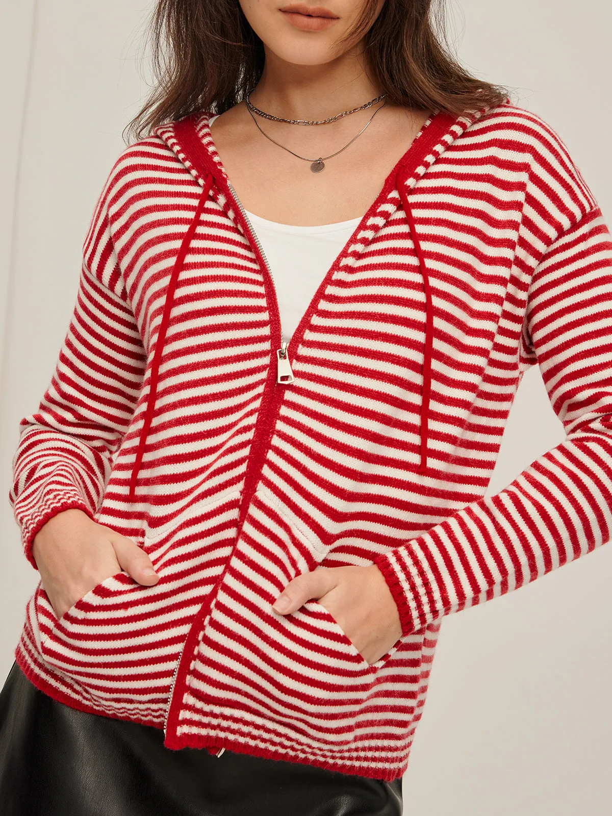 Double Zipper Striped Drawstring Knit Outerwear sold by COMMENSE product image thumbnail 3