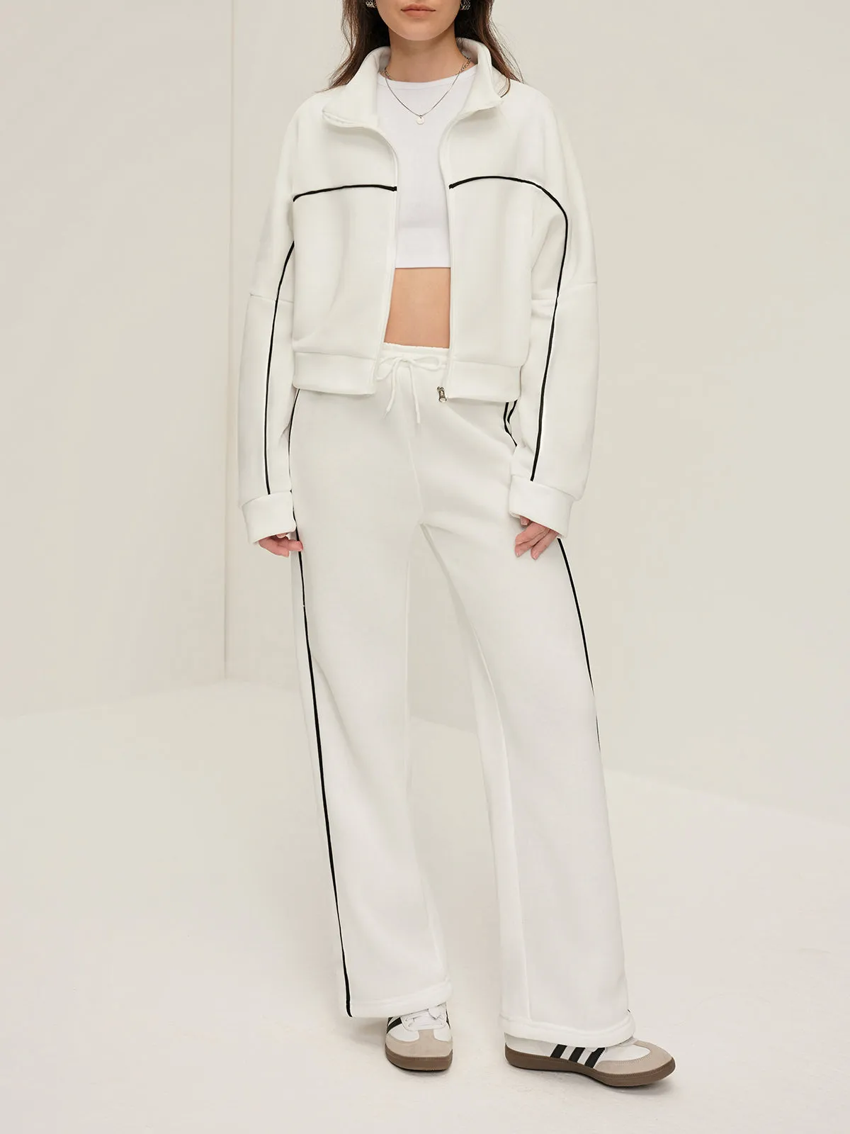 Contrast Piping Zipper Drawstring Pants Set sold by COMMENSE