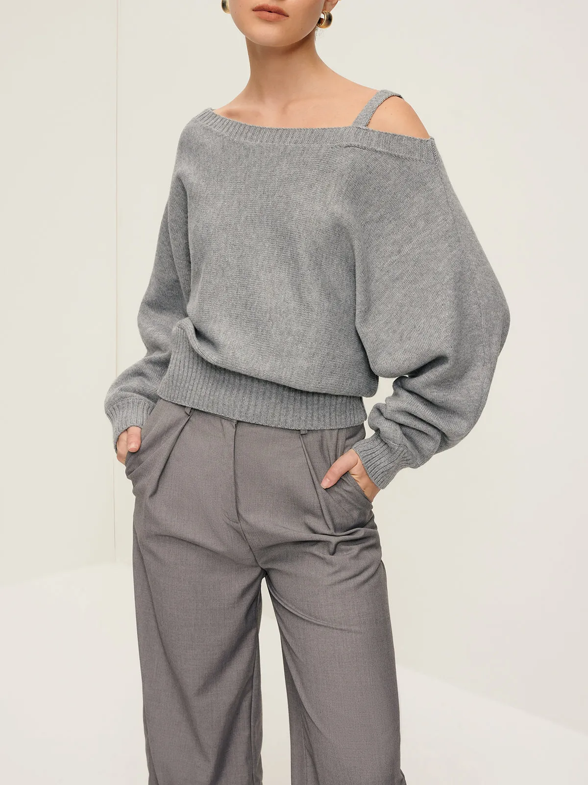 Plain Off-Shoulder Loose Sweater sold by COMMENSE