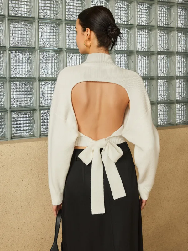 Wool-Blend Tie Open Back Sweater sold by COMMENSE
