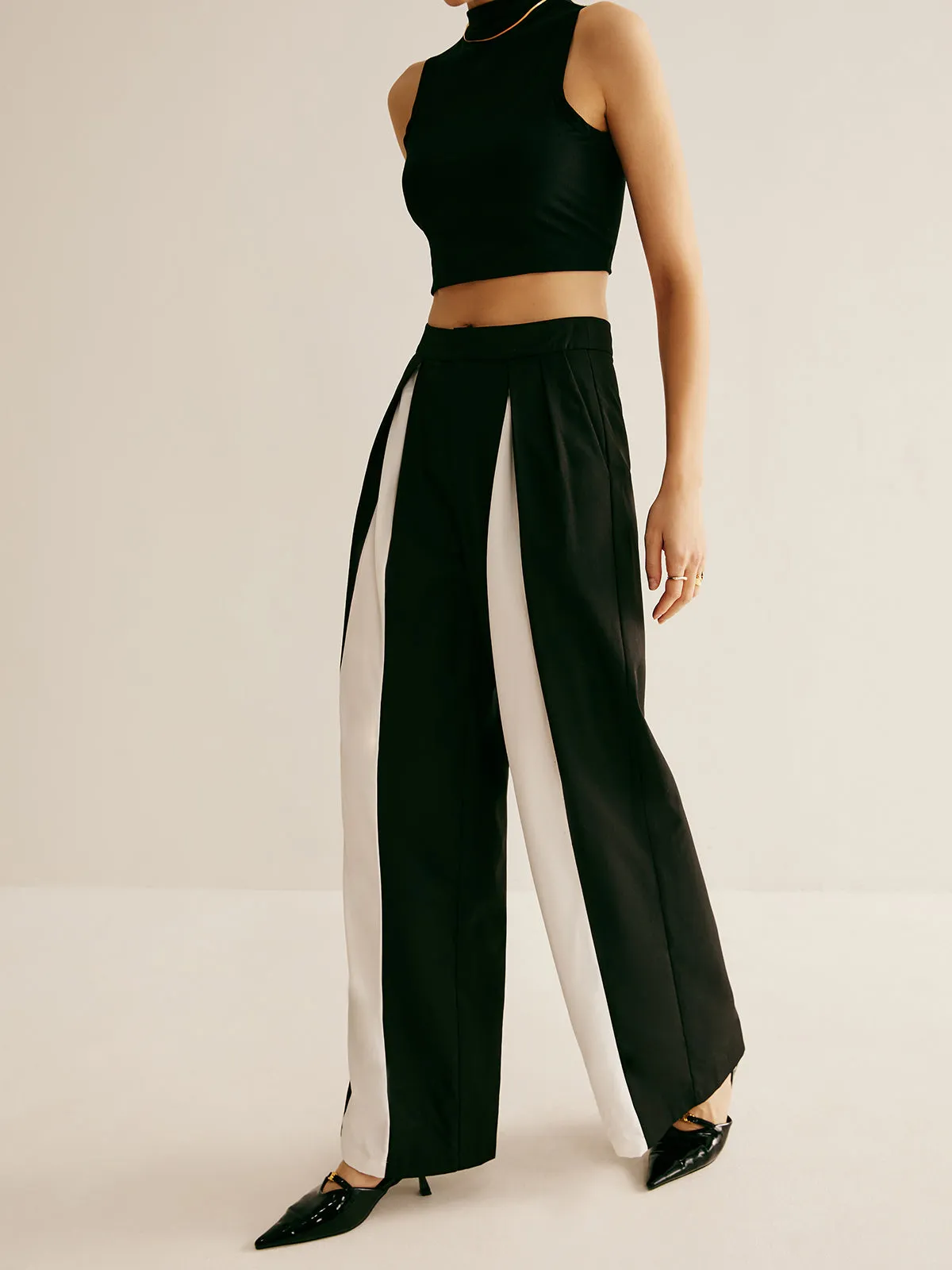 Pleated Patchwork Wide-Leg Pants sold by COMMENSE