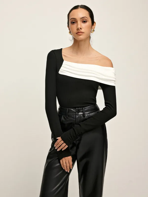 Cold Shoulder Patchwork Pleated Blouse sold by COMMENSE