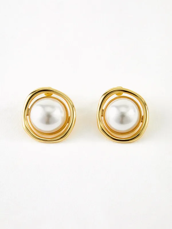 Golden Edge Pearl Stud Earrings sold by COMMENSE