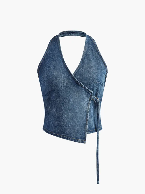 Halter Backless Wrap Denim Top sold by COMMENSE