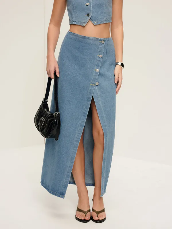 Button Split Denim Midi Skirt sold by COMMENSE