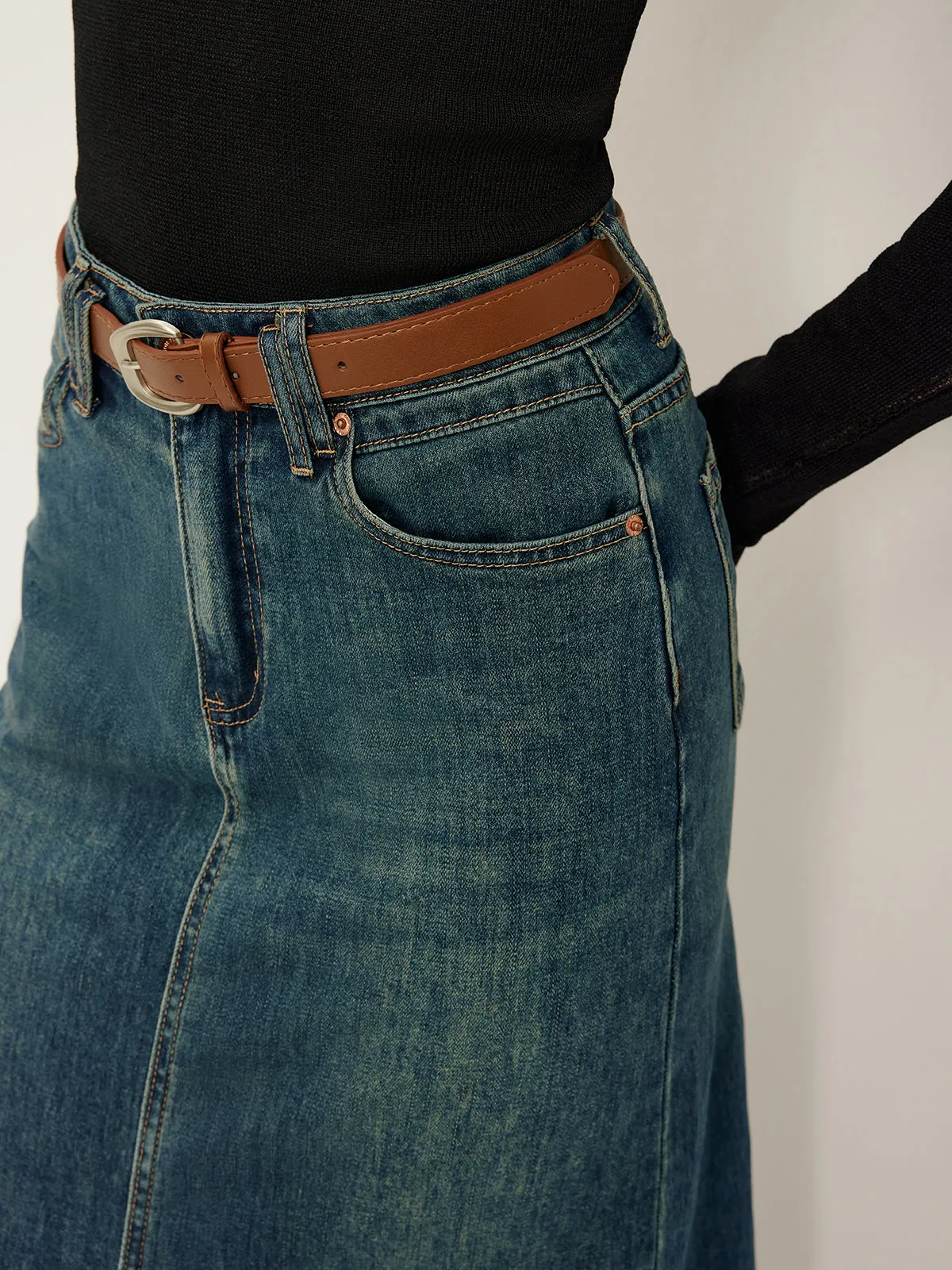 Front Split Denim Midi Skirt With Belt sold by COMMENSE product image thumbnail 5