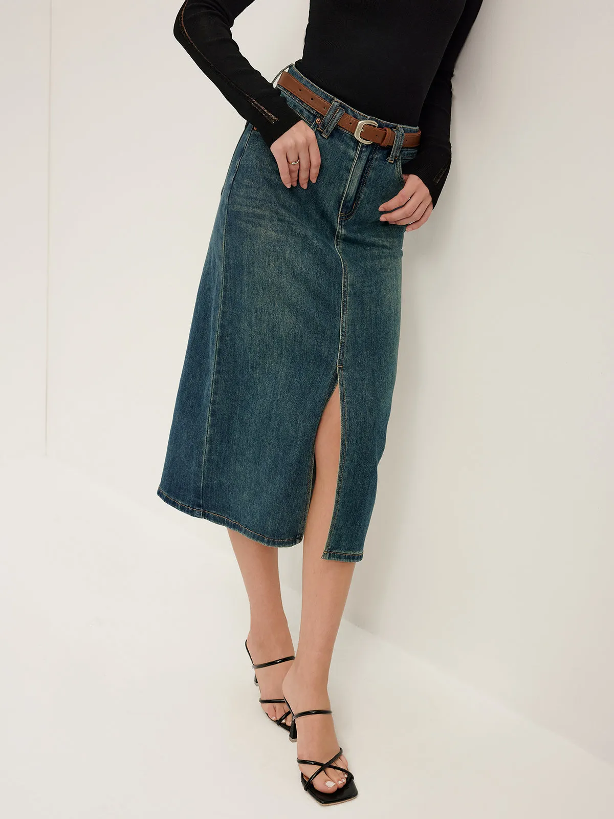 Front Split Denim Midi Skirt With Belt sold by COMMENSE product image thumbnail 3