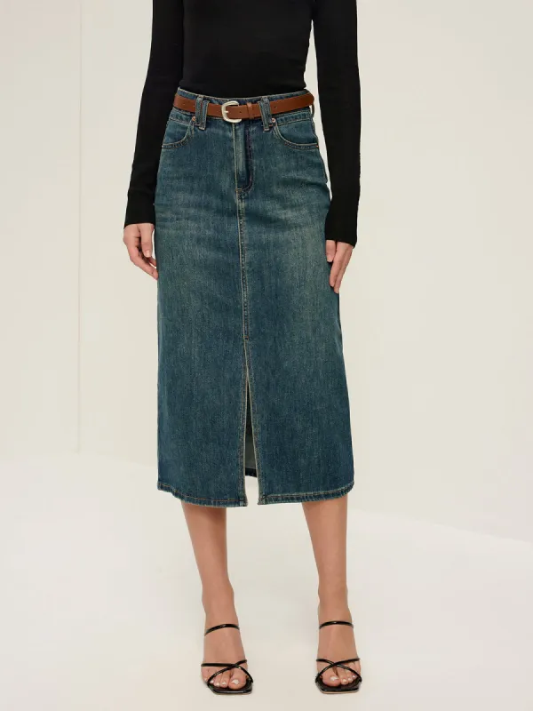 Front Split Denim Midi Skirt With Belt sold by COMMENSE