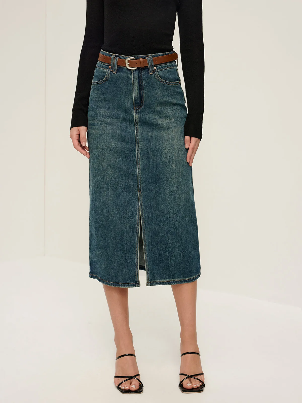 Front Split Denim Midi Skirt With Belt sold by COMMENSE
