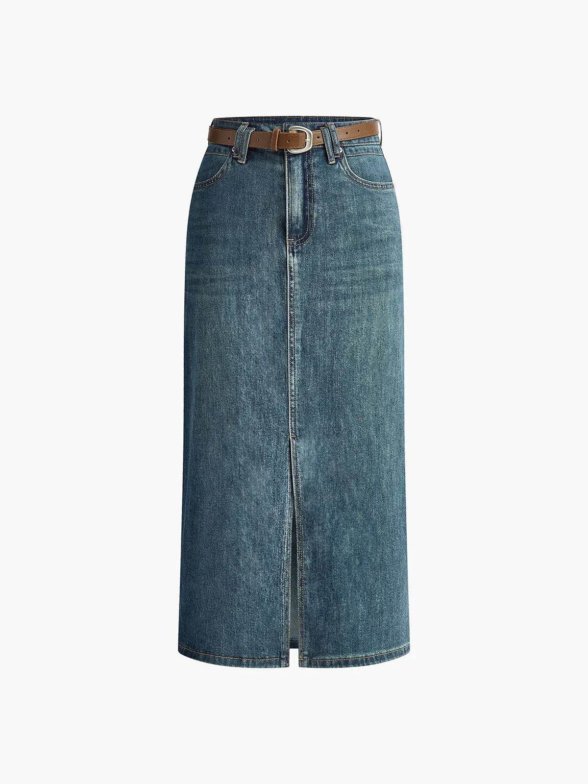 Front Split Denim Midi Skirt With Belt sold by COMMENSE product image thumbnail 2