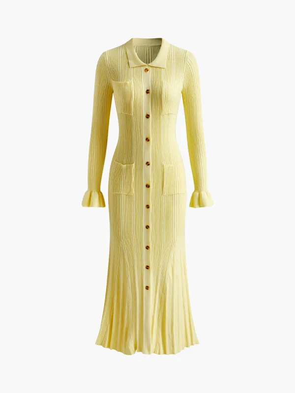 Ruffle Pockets Lapel Sweater Dress sold by COMMENSE