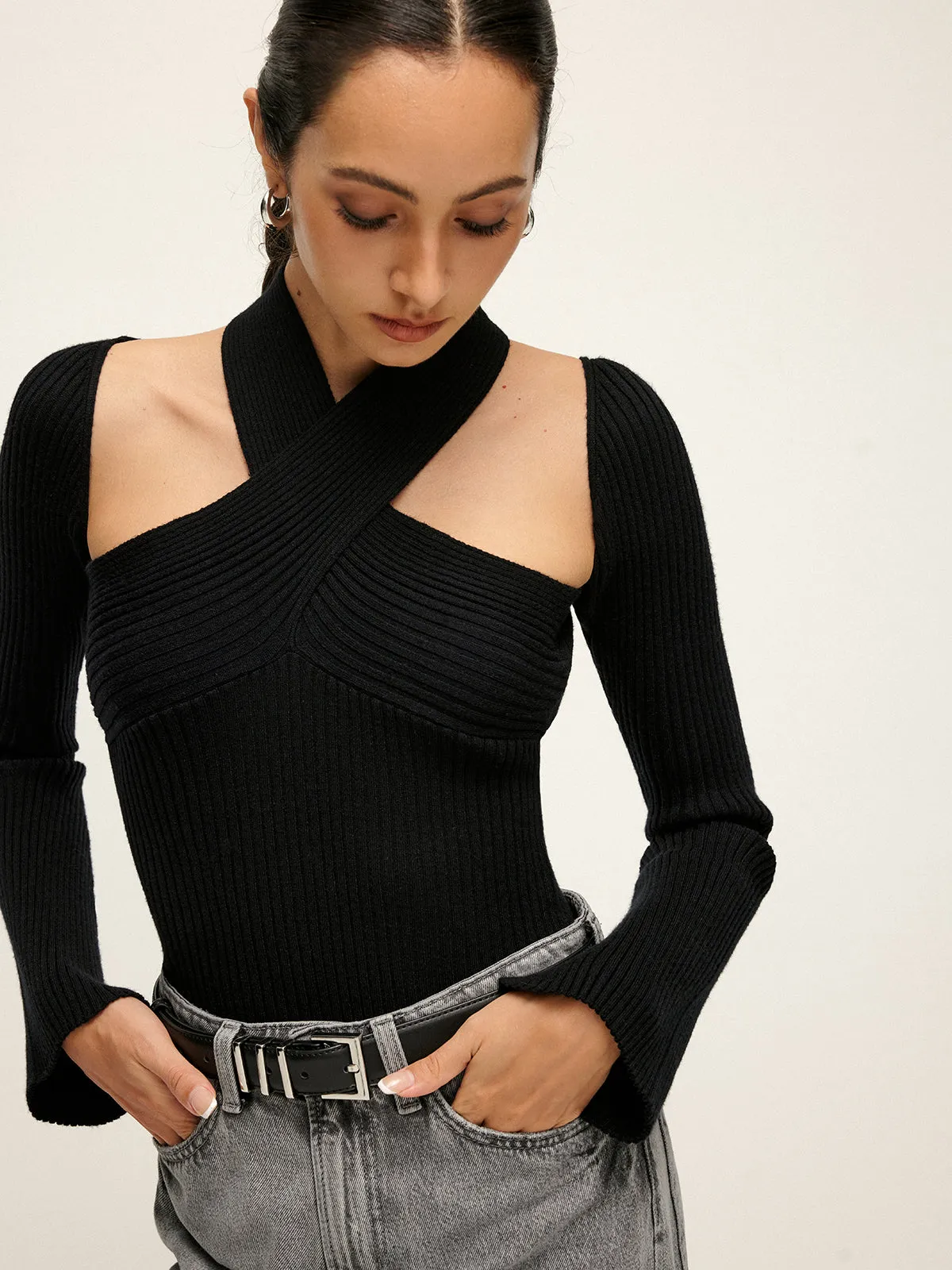 Ribbed Criss Cross Stretch Knit Top sold by COMMENSE product image thumbnail 3