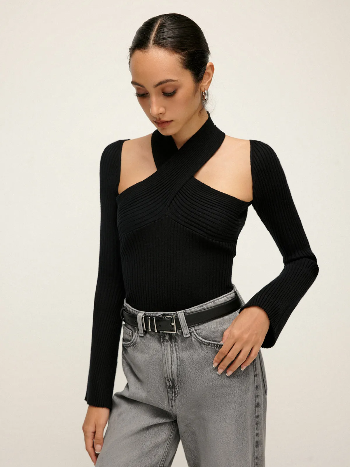 Ribbed Criss Cross Stretch Knit Top sold by COMMENSE product image thumbnail 4