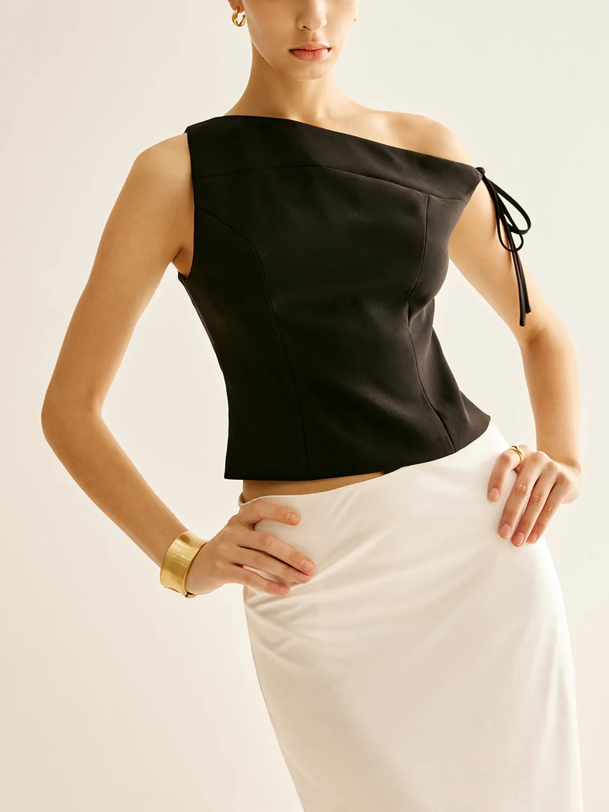 Asymmetrical One-Shoulder Lace Up Blouse sold by COMMENSE