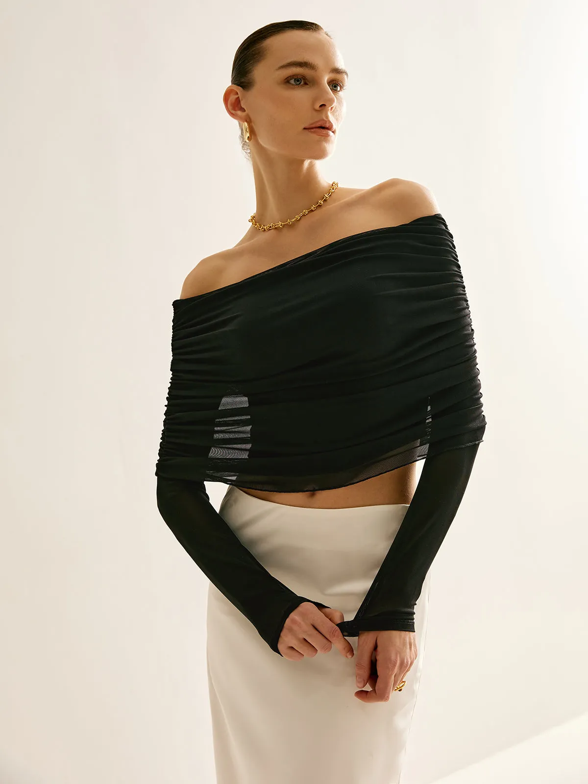 Off-Shoulder Mesh Blouse sold by COMMENSE