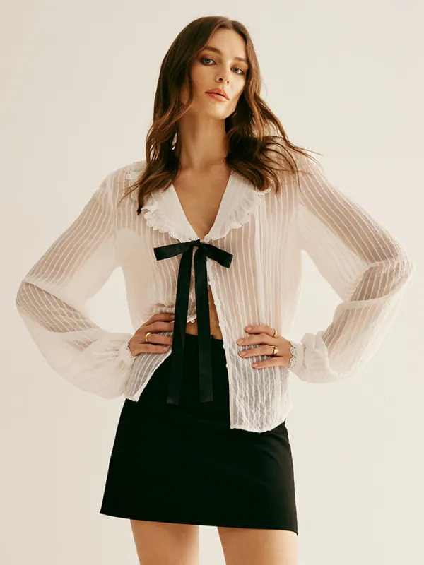 Ruffle Neck Pinstripe Semi-Sheer Shirt sold by COMMENSE