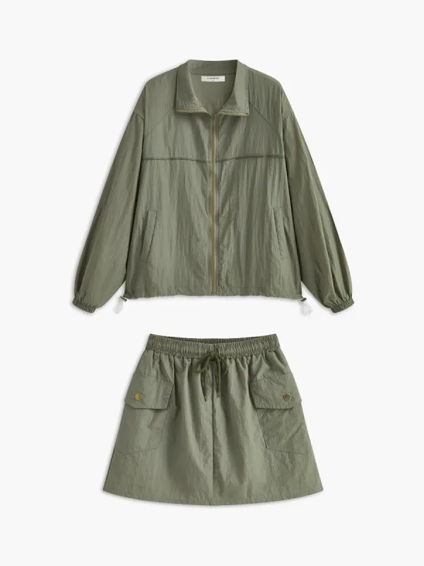 Lapel Zipper Drawstring Skirt Set sold by COMMENSE