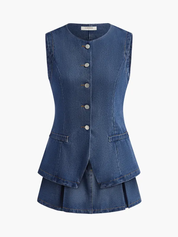Sleeveless Belted Pleated Denim Skirt Set sold by COMMENSE