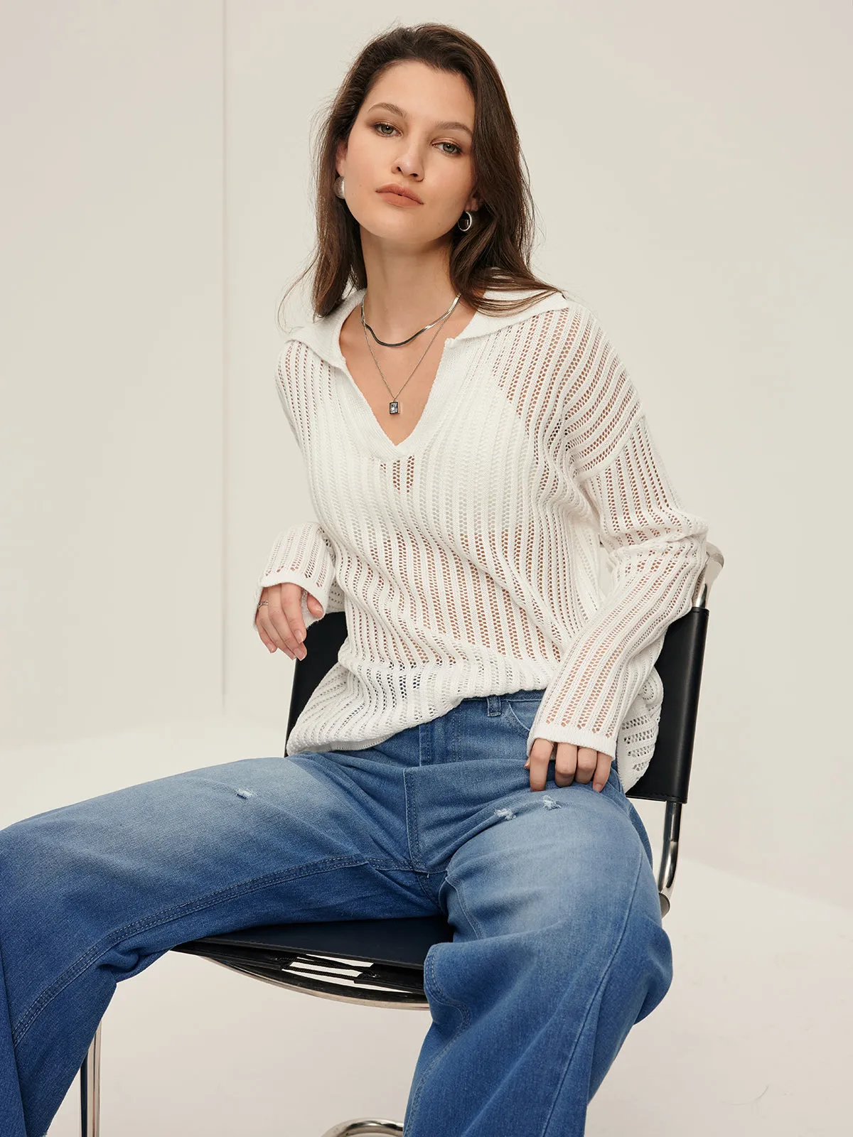 Hollow Loose Lapel Sweater sold by COMMENSE product image thumbnail 4