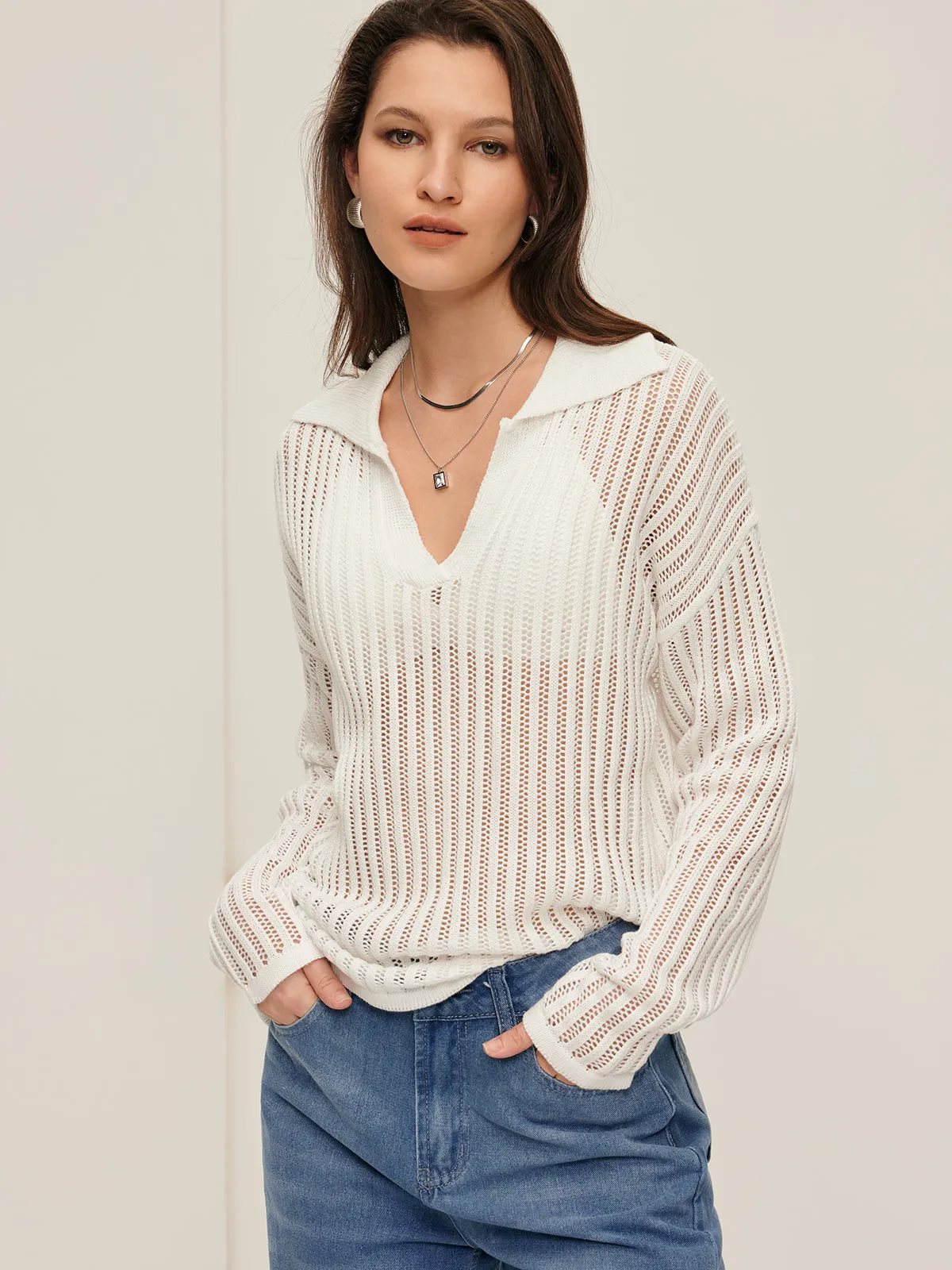 Hollow Loose Lapel Sweater sold by COMMENSE