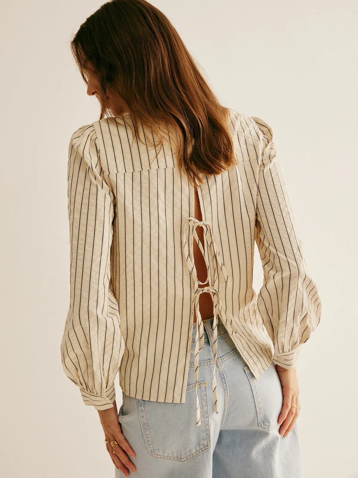 Pinstripe Tie Back Polo Shirt sold by COMMENSE