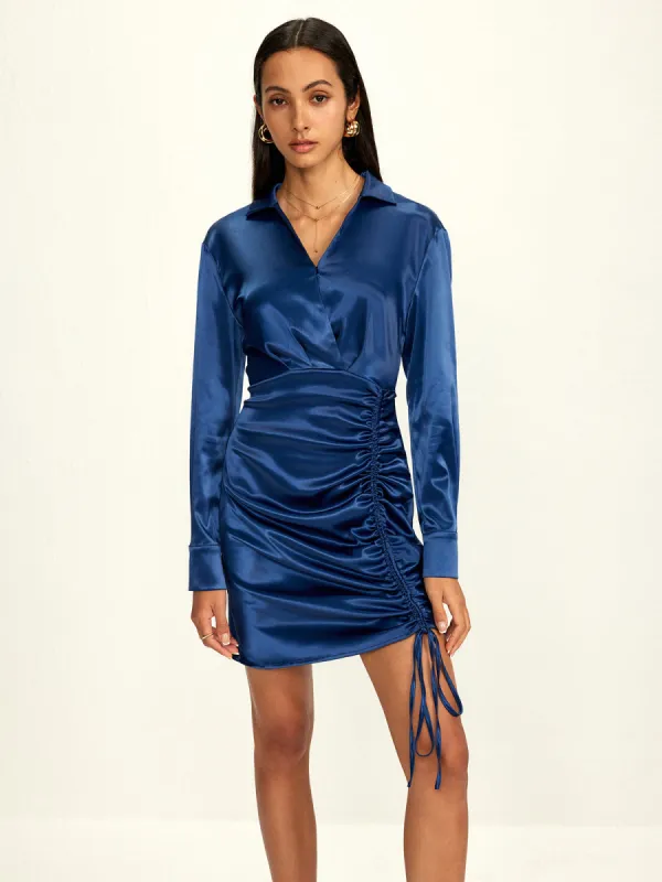 Drawstring Pleated Lapel Short Dress sold by COMMENSE