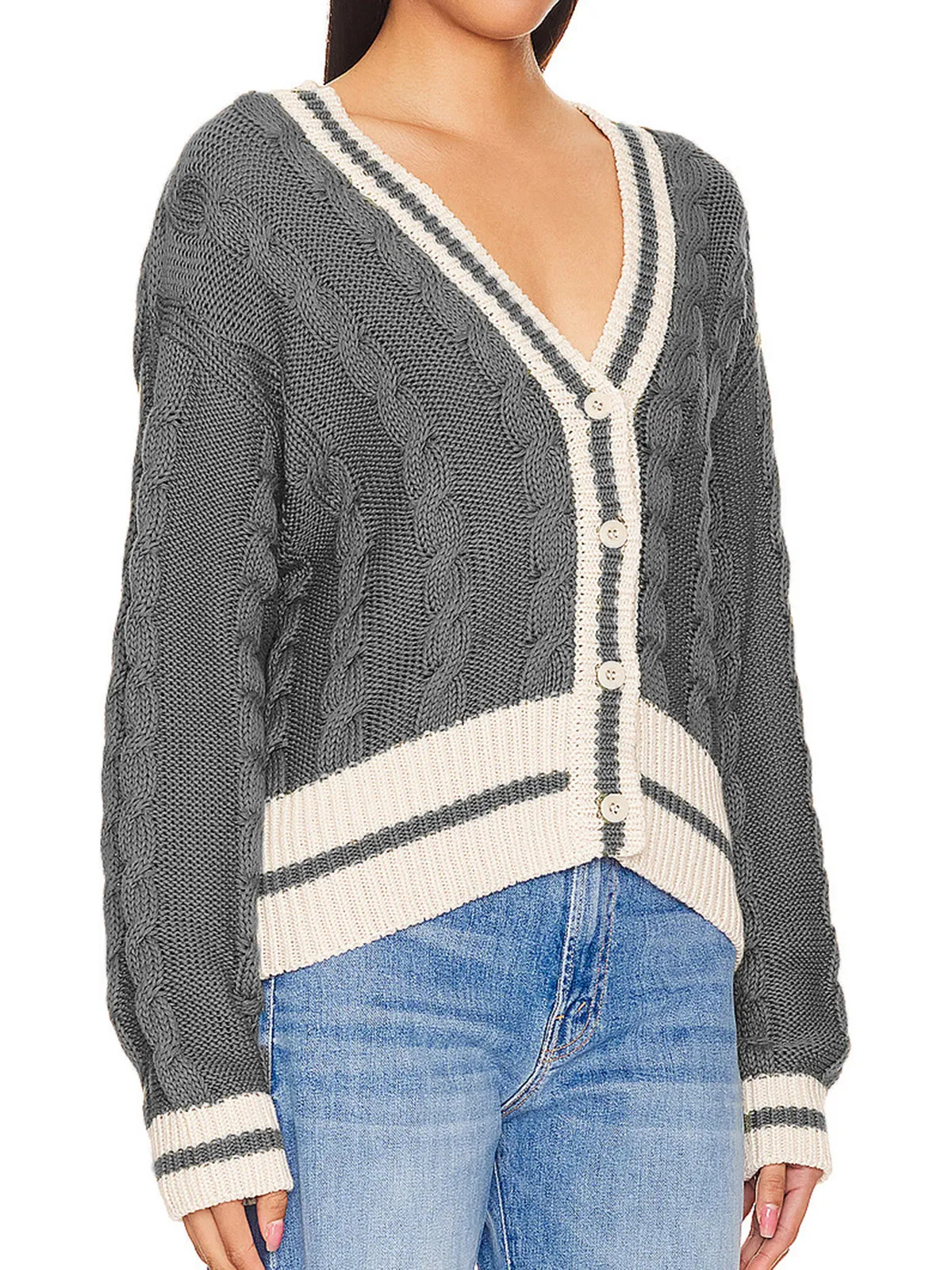 V-Neck Breasted Cable Knit Cardigan sold by COMMENSE product image thumbnail 2
