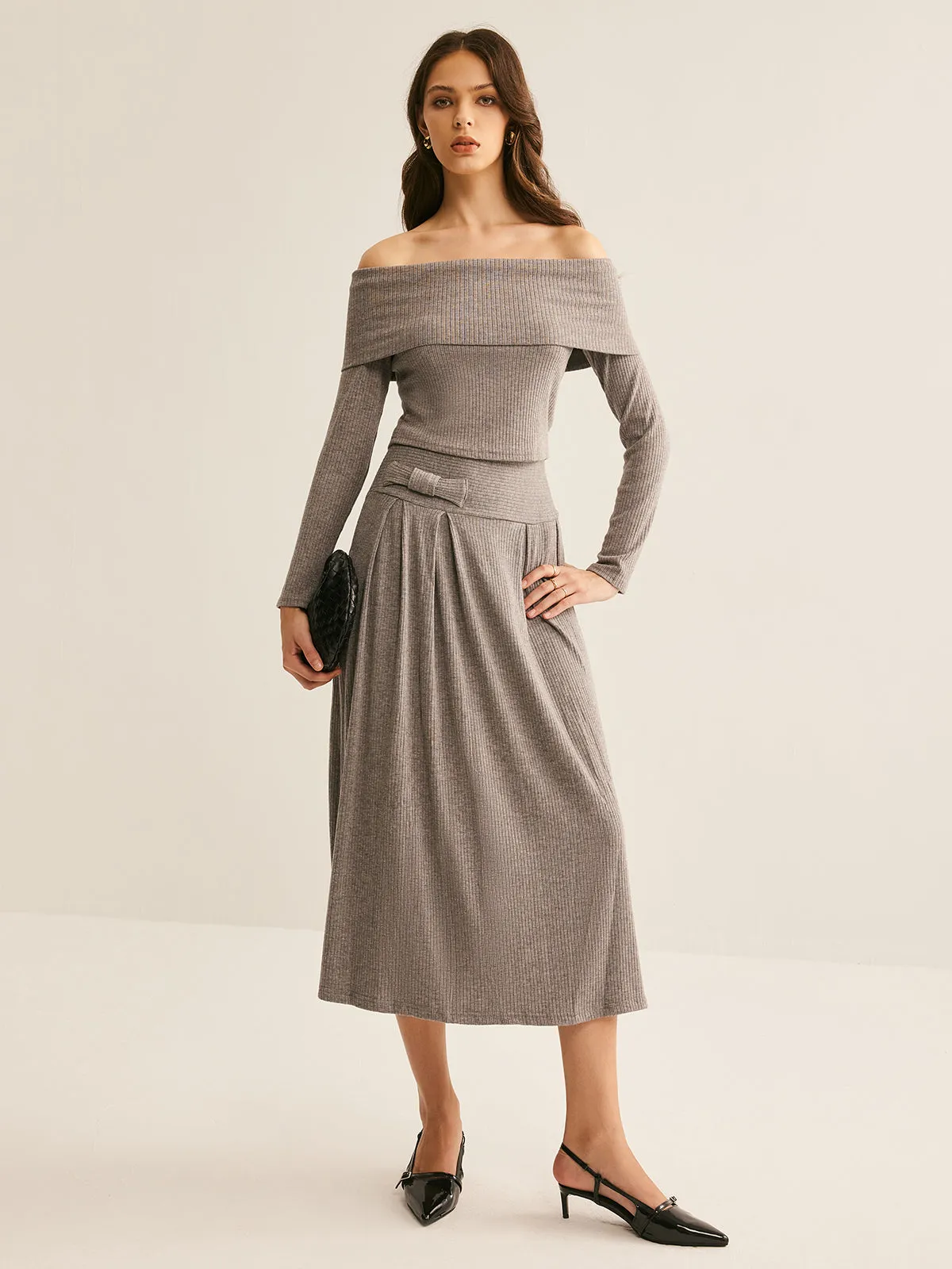 Off-Shoulder Ribbed Pleated Skirt Set sold by COMMENSE product image thumbnail 2