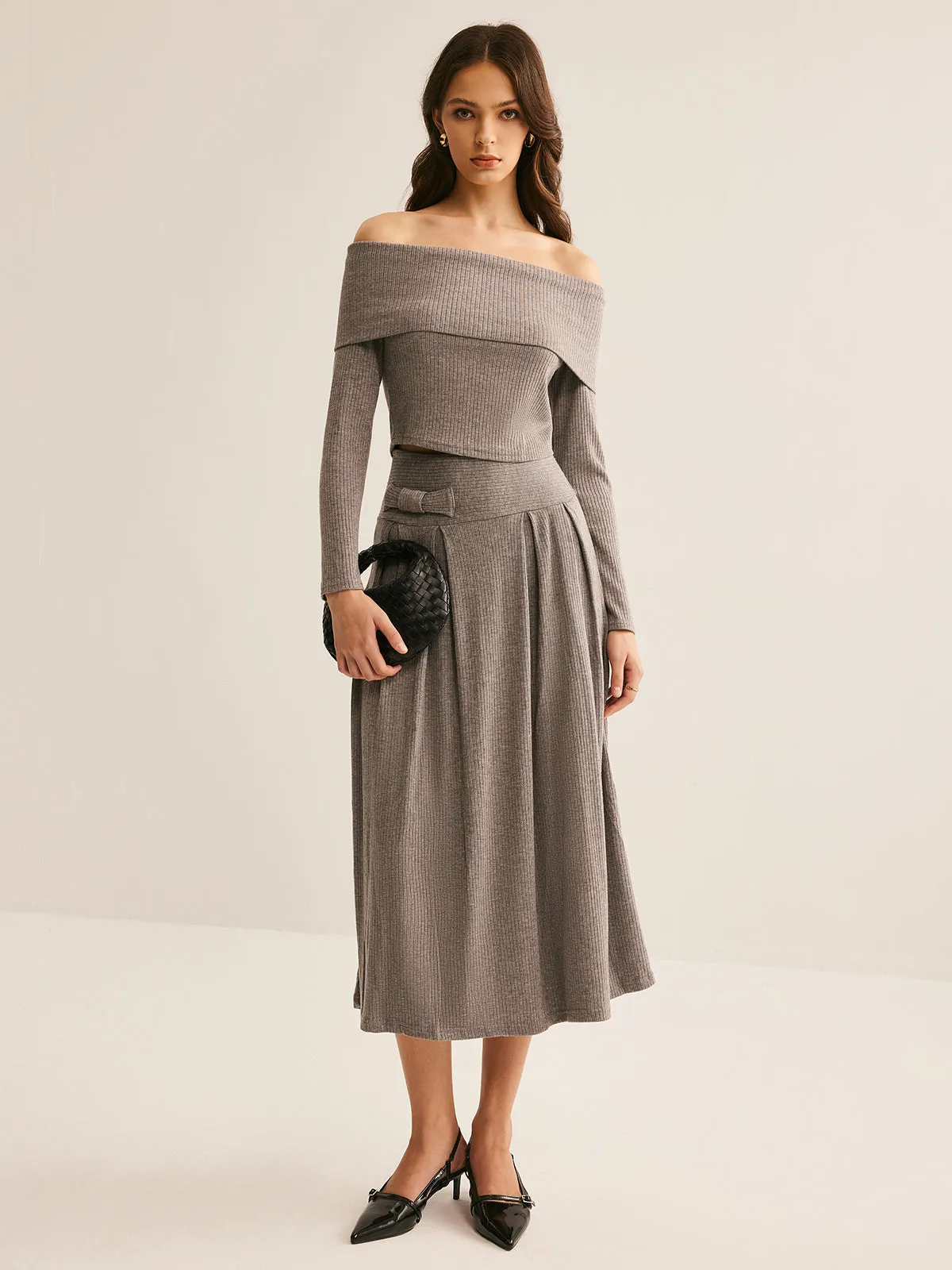 Off-Shoulder Ribbed Pleated Skirt Set sold by COMMENSE