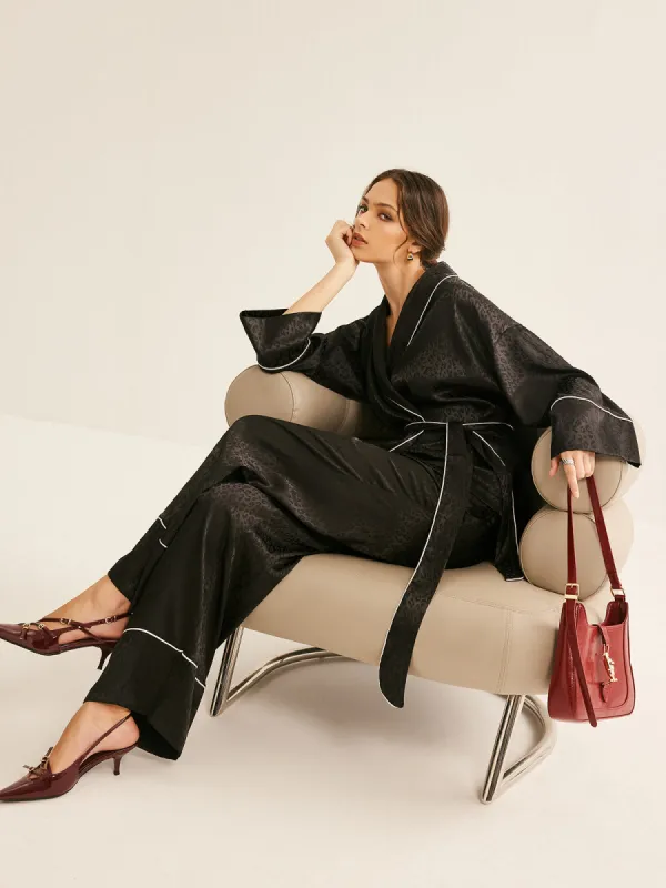 Satin Contrast Piping Belted Pants Set sold by COMMENSE