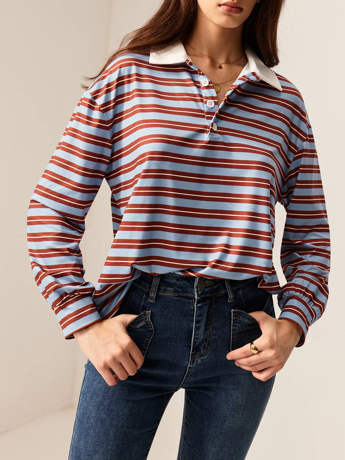 Striped Long Sleeve Lapel T-Shirt sold by COMMENSE product image thumbnail 4