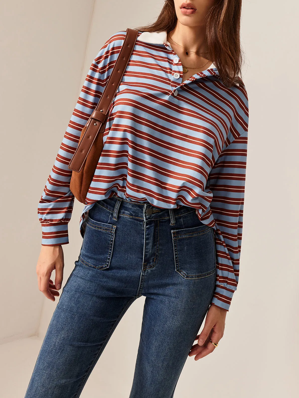Striped Long Sleeve Lapel T-Shirt sold by COMMENSE product image thumbnail 2