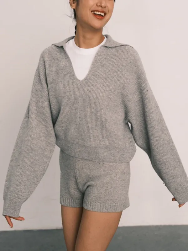 Plain Lapel Knit Shorts Set sold by COMMENSE