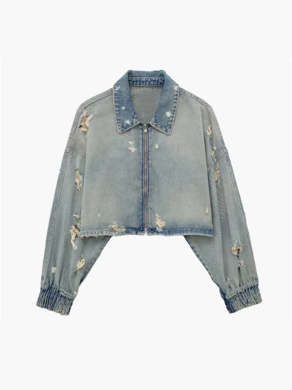 Vintage Crop Zipper Denim Jacket sold by COMMENSE
