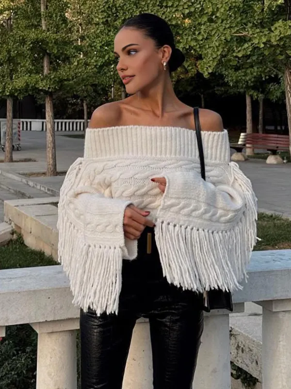 Beheme Off-Shoulder Tassel Sweater sold by COMMENSE