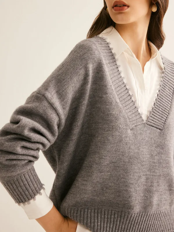 V-Neck Raw Hem Sweater sold by COMMENSE