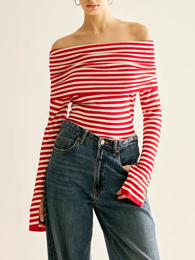 Off-Shoulder Striped Knit Top sold by COMMENSE