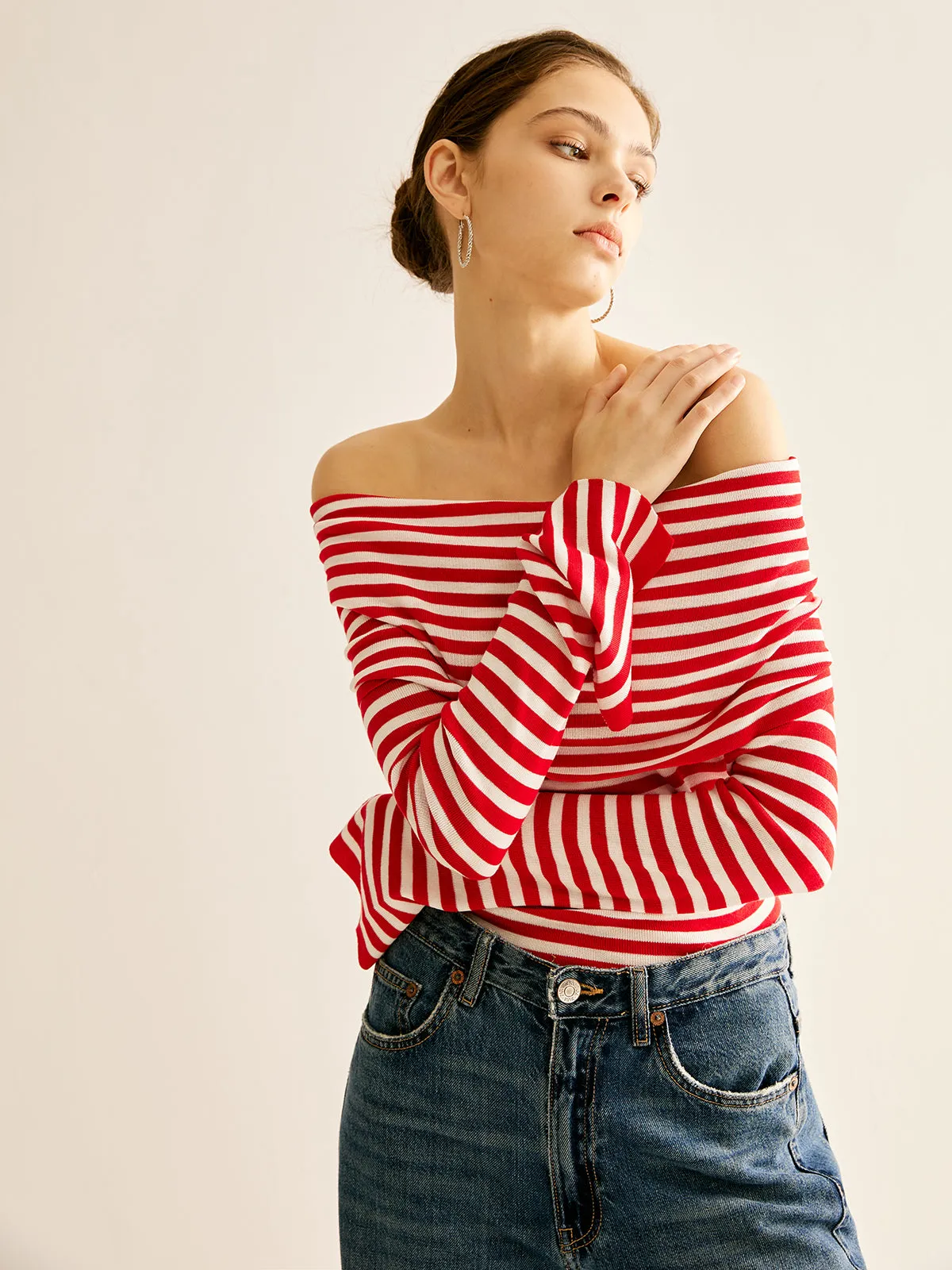 Off-Shoulder Striped Knit Top sold by COMMENSE product image thumbnail 5
