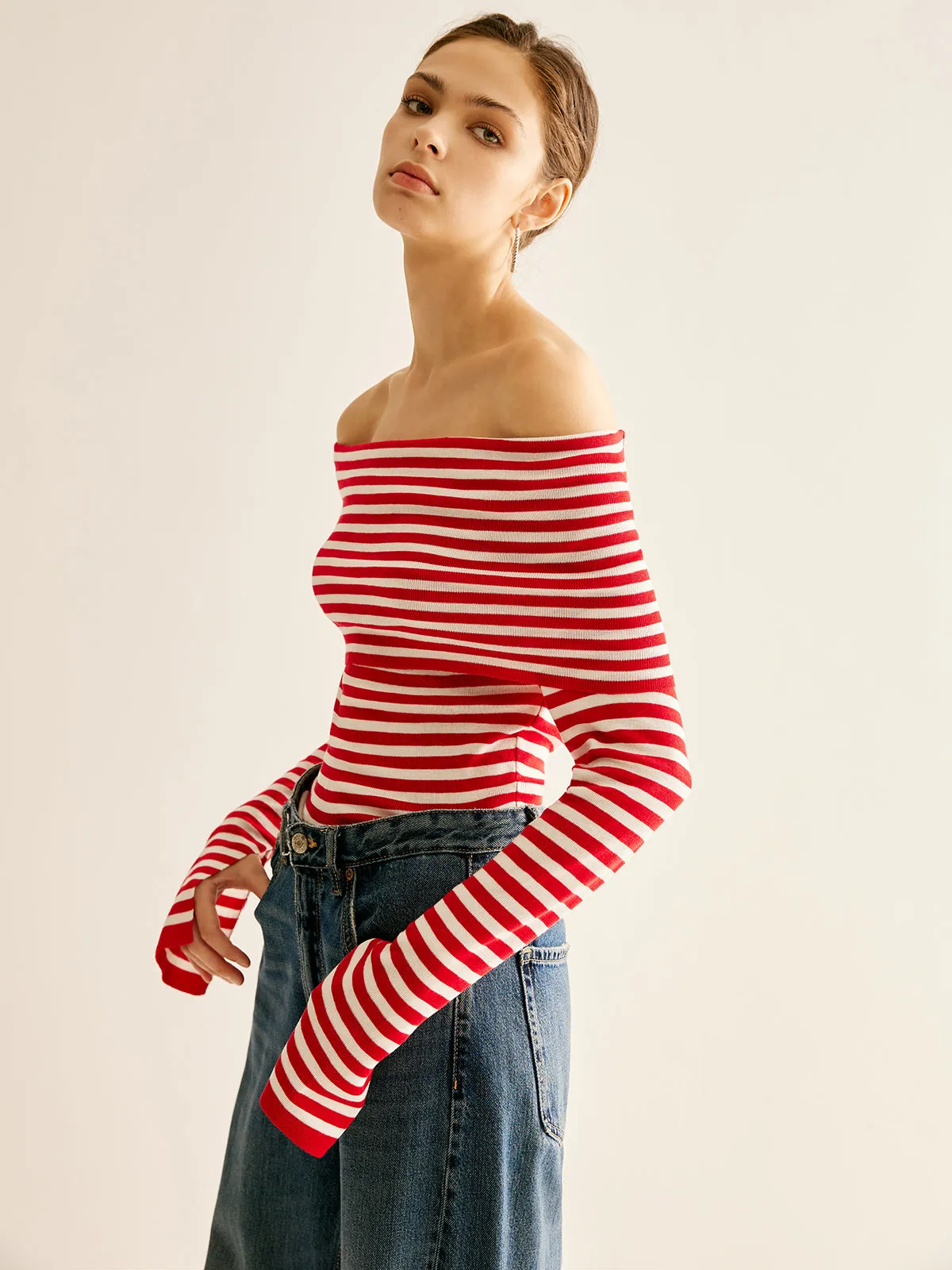 Off-Shoulder Striped Knit Top sold by COMMENSE product image thumbnail 2