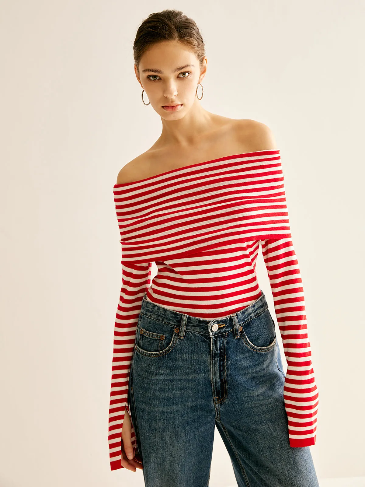 Off-Shoulder Striped Knit Top sold by COMMENSE product image thumbnail 3
