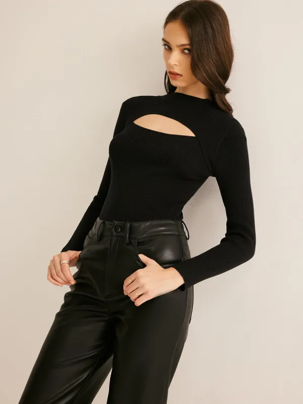 Mock Neck Cutout Ribbed Blouse sold by COMMENSE