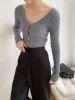 V-Neck Button Slim Knit Top sold by COMMENSE