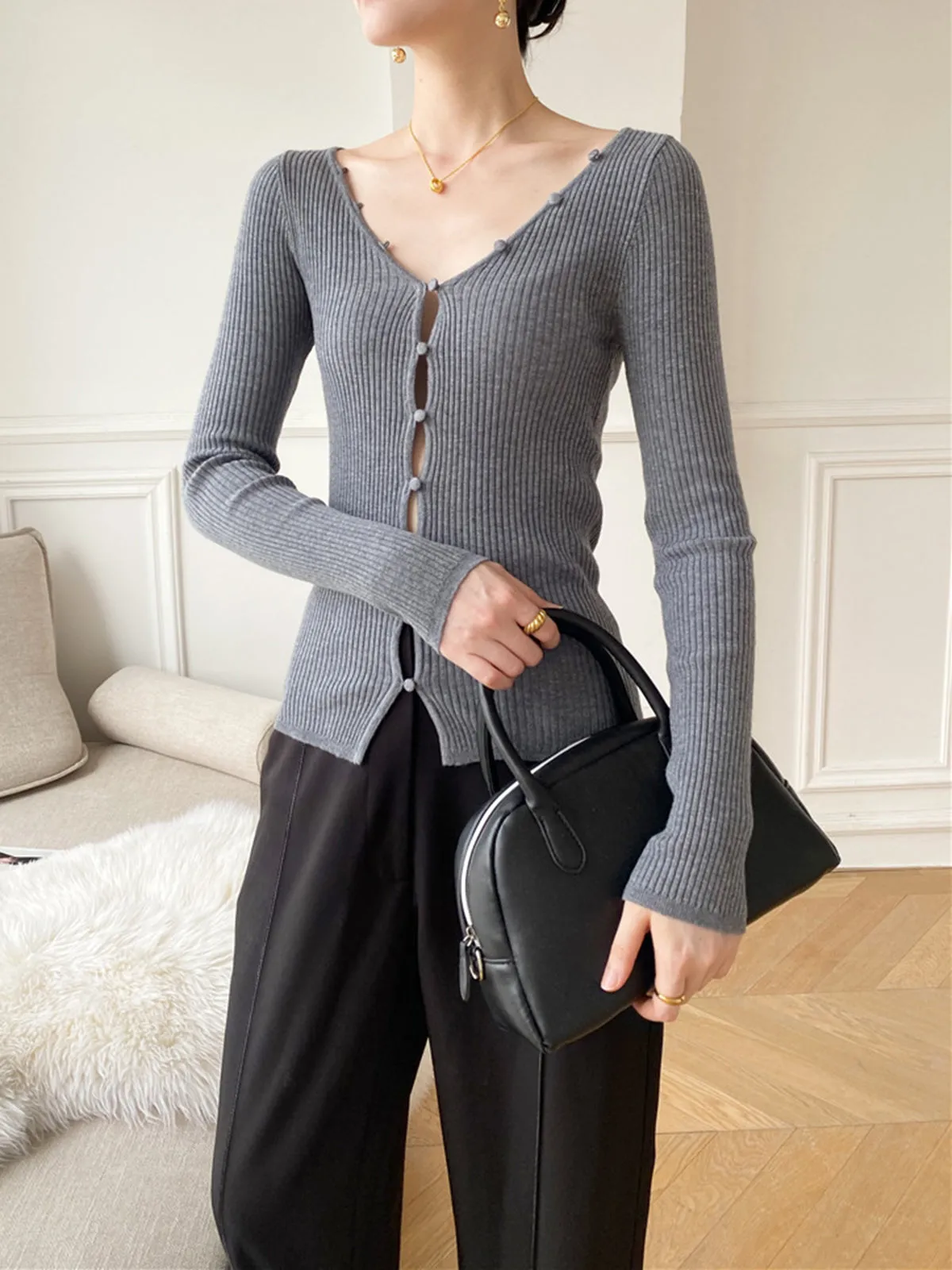 V-Neck Button Slim Knit Top sold by COMMENSE