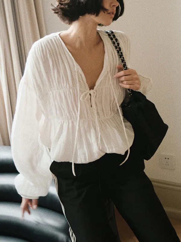 Tie-Front Pleated Blouse sold by COMMENSE
