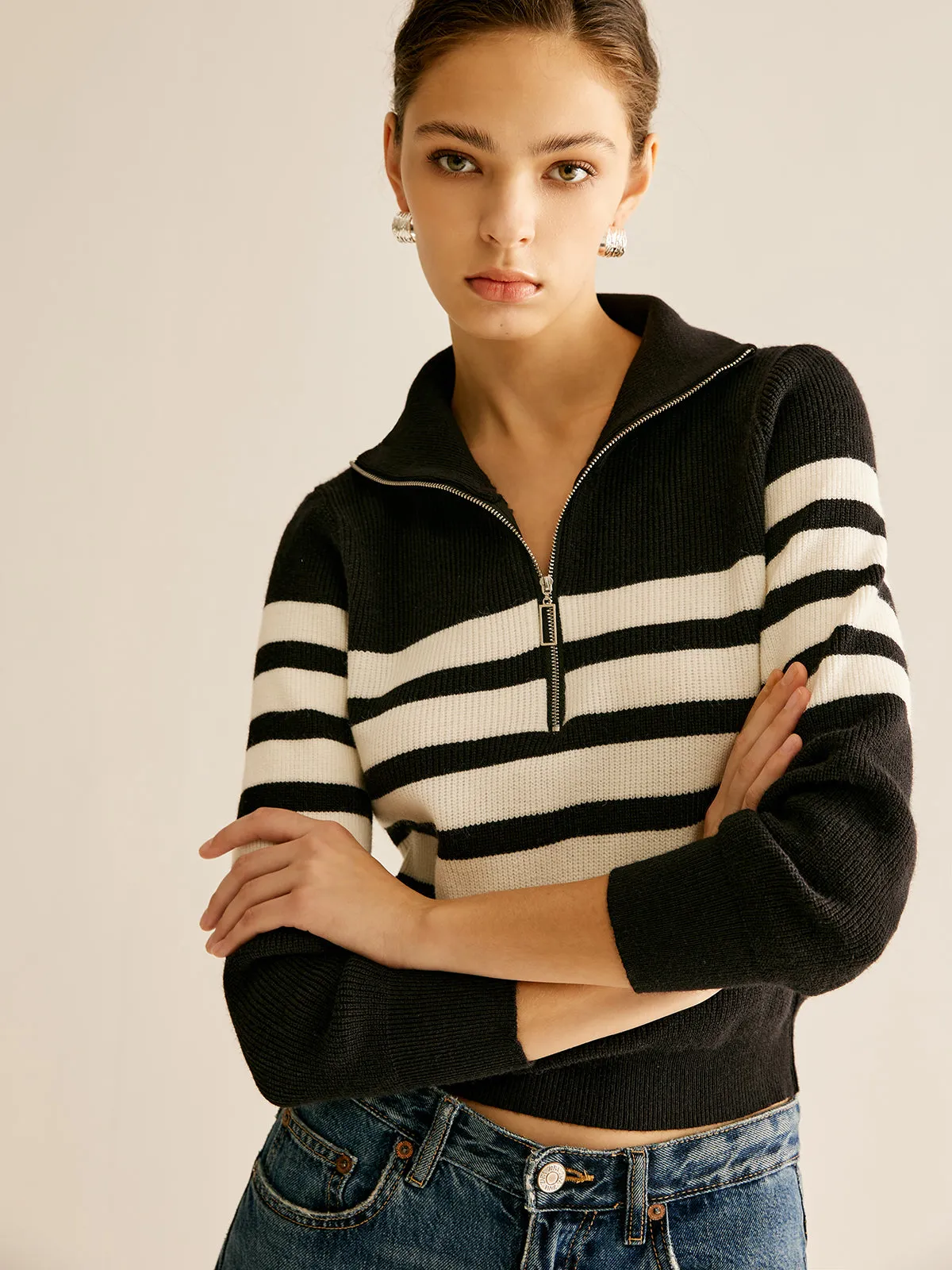 Zipper Striped Knit Top sold by COMMENSE